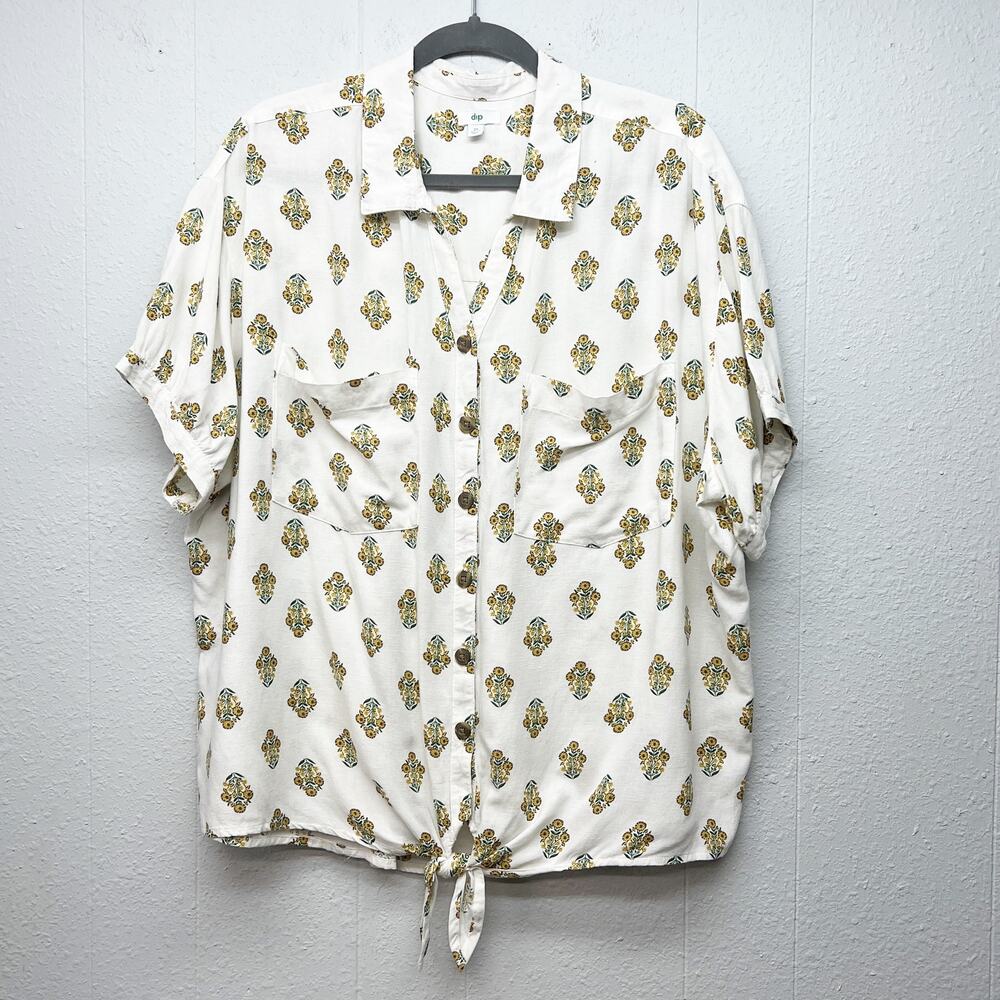 Dip Floral Button Front Shirt Women 2X Tie Front Relaxed Breathable Linen Cotton